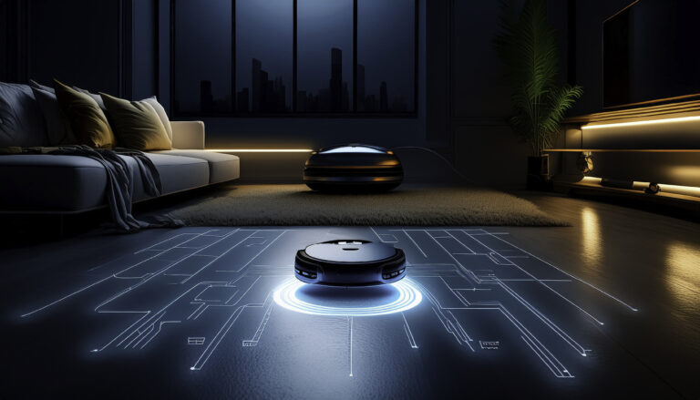 Modern living room with a robot vacuum cleaner using light to scan the space and build a route map. great vSLAM vs LiDAR use case