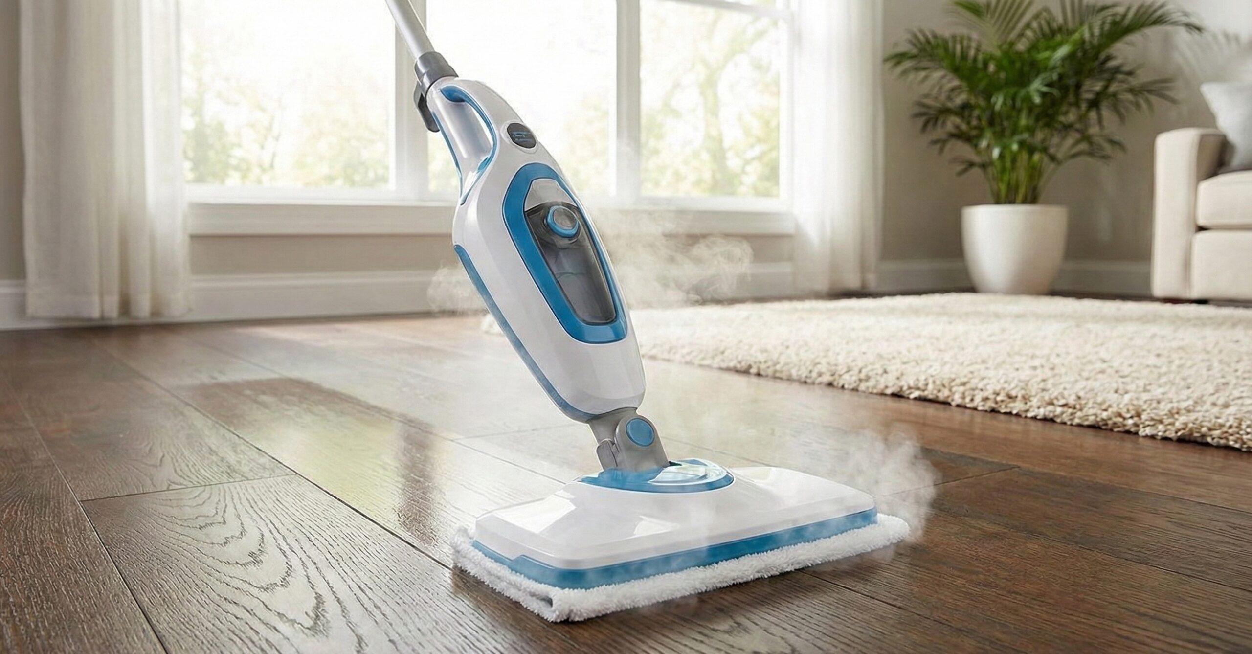 steam mop being used on hardwood floor; incorrect cleaning method