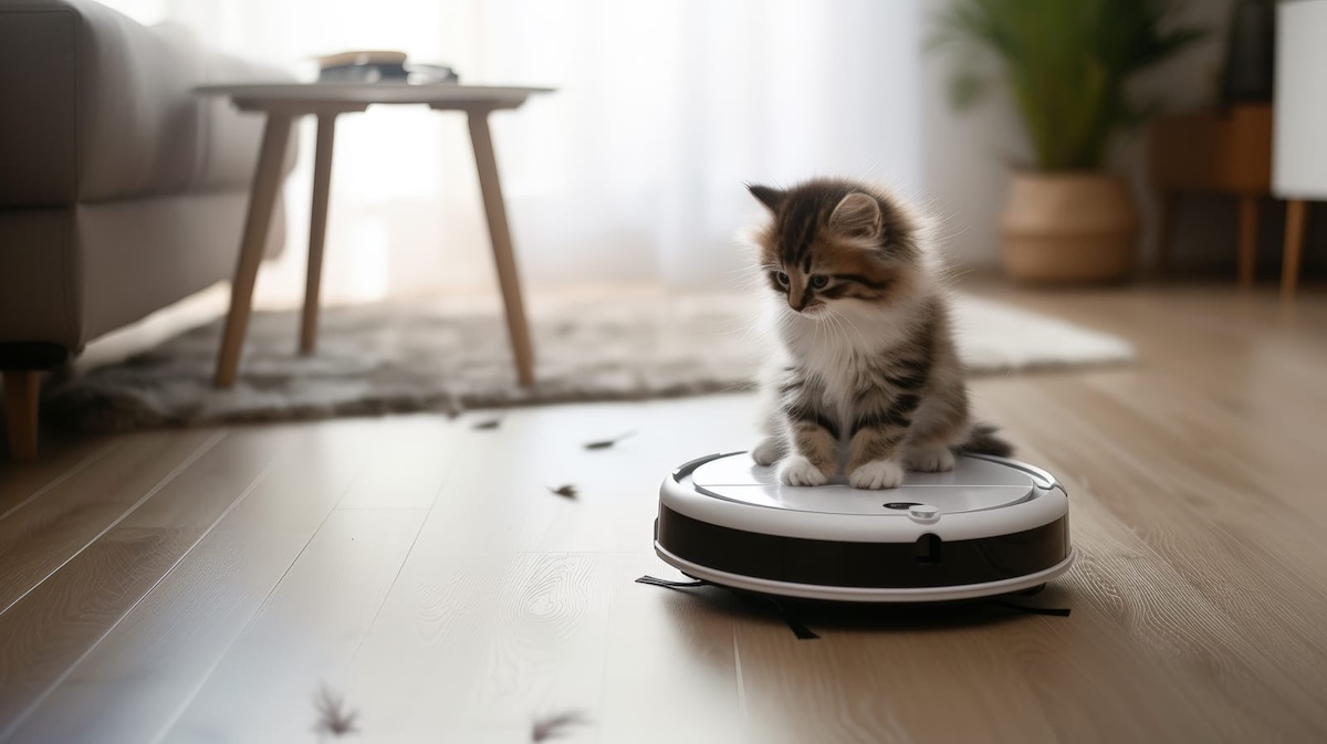 kitten rides robot vacuum in modern living room