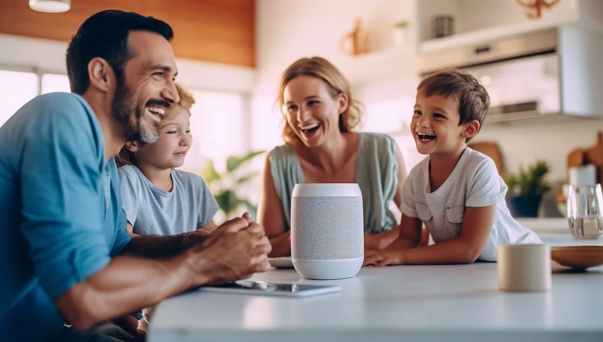Happy Family talk to voice assistant at home