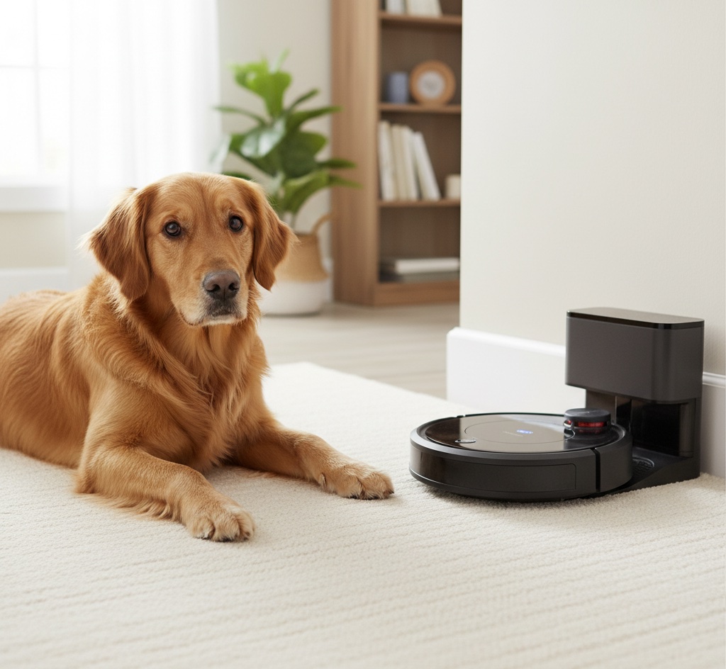 dog next to a robot vacuum