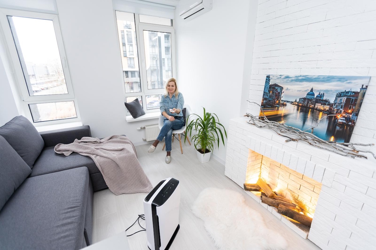 attractive woman with air purifier on windowsill