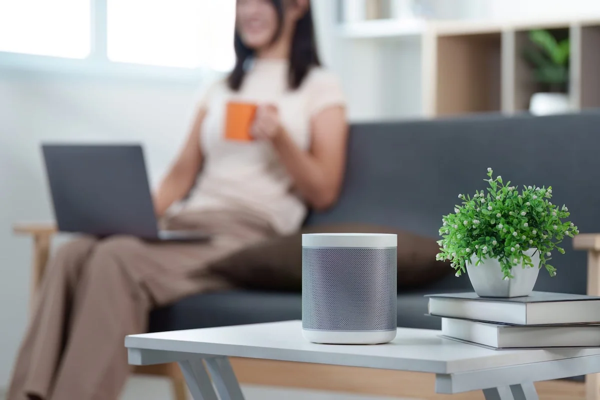 smart home woman near smart speaker