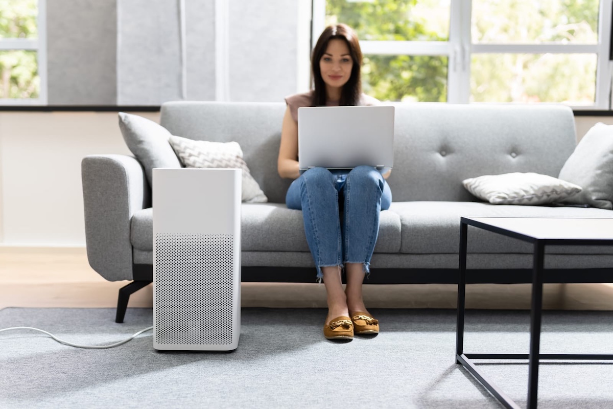 woman in living room using air cleaner