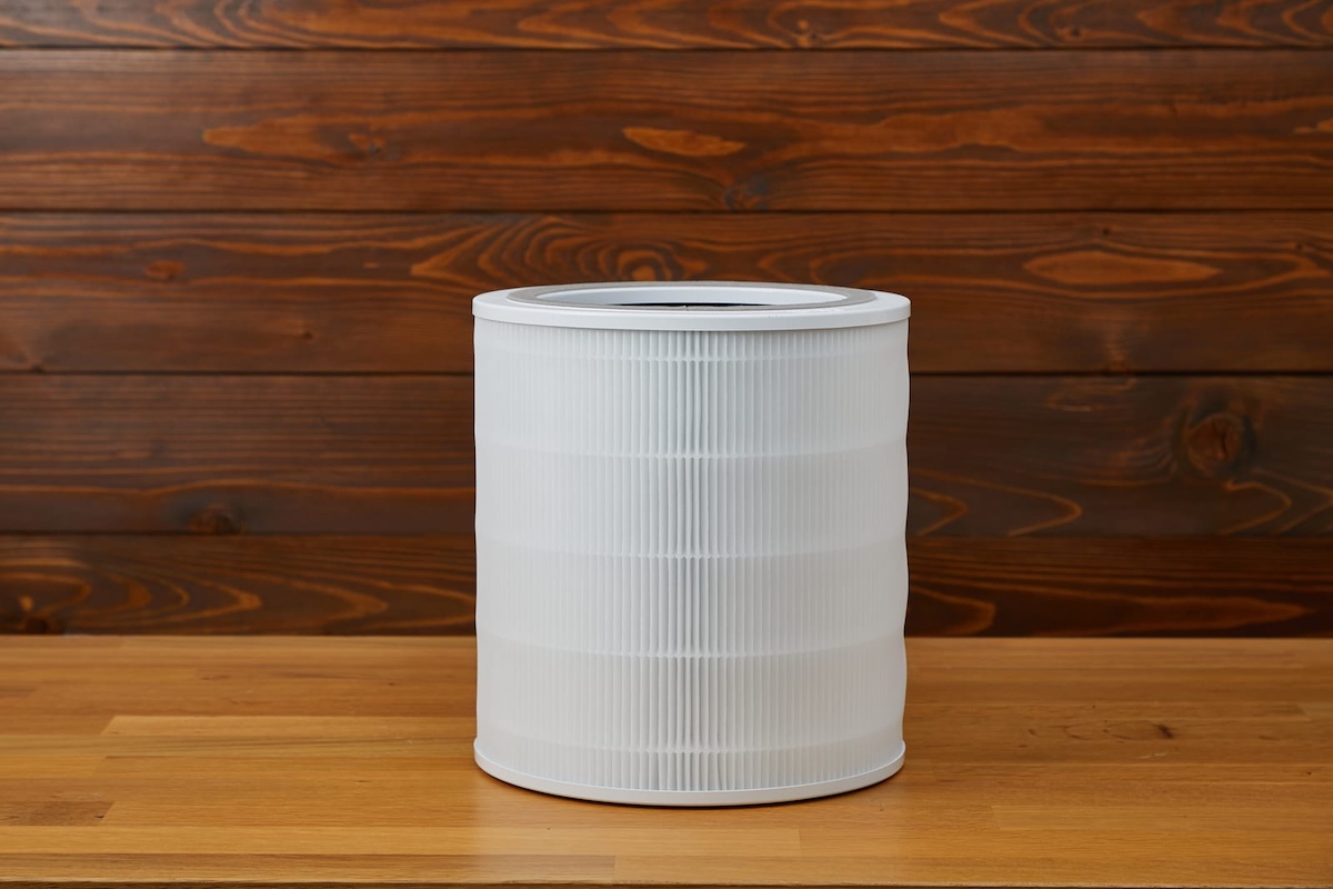 woman in living room using air cleaner