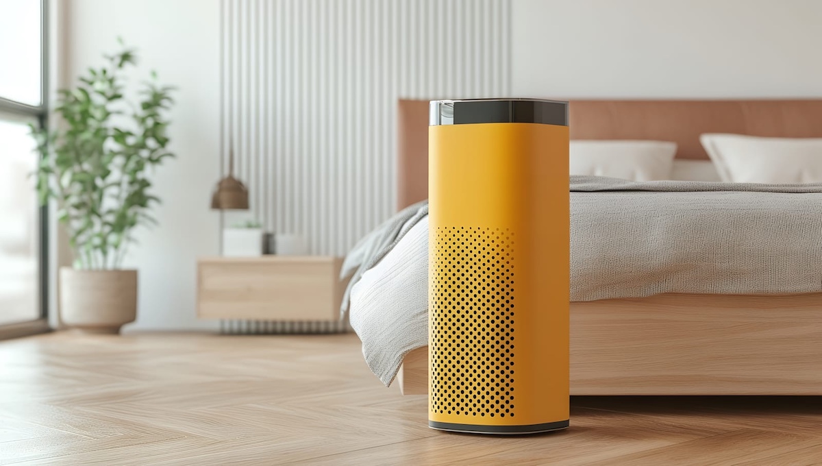 a-modern-yellow-air-purifier stands in a minimalist bedroom near a light grey bed