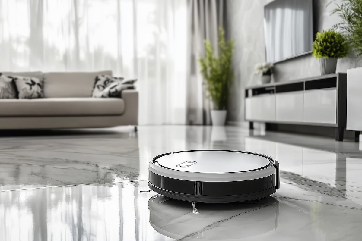 a robot vacuum at work in a beautiful living room