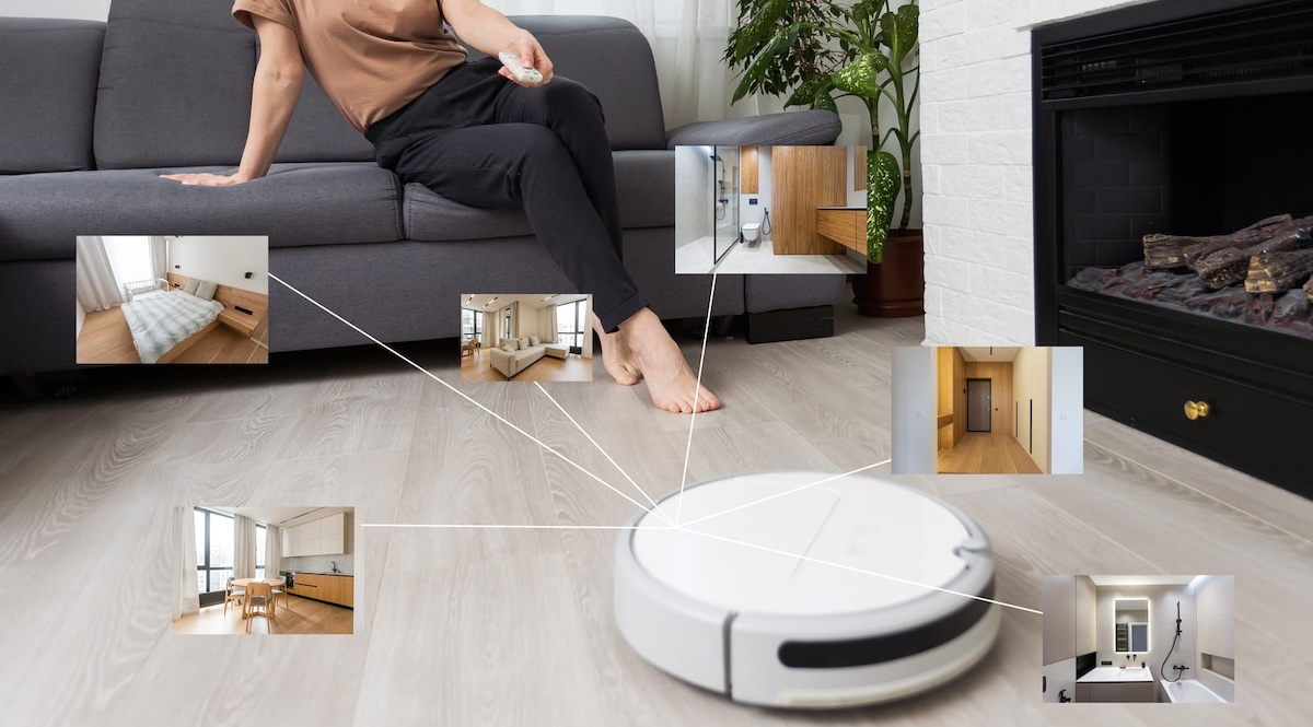 people housework and technology concept robot vacuum cleaner