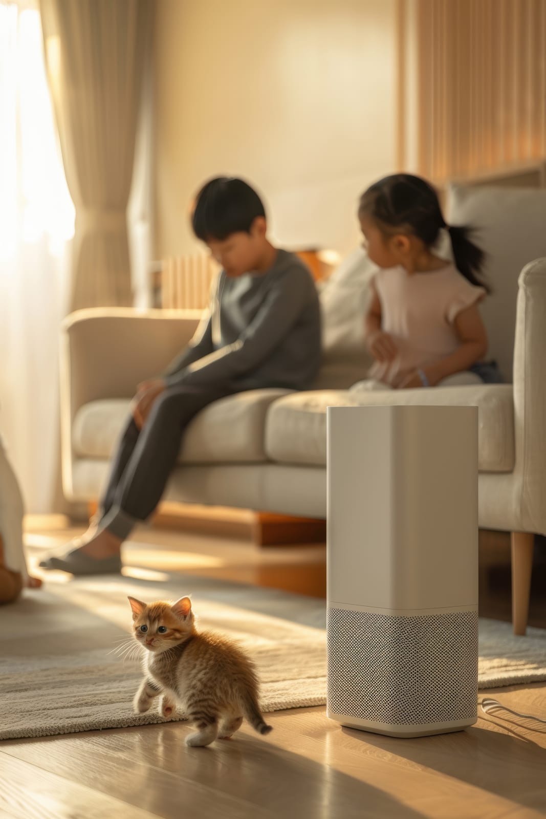 a child is playing with a cat in a living room