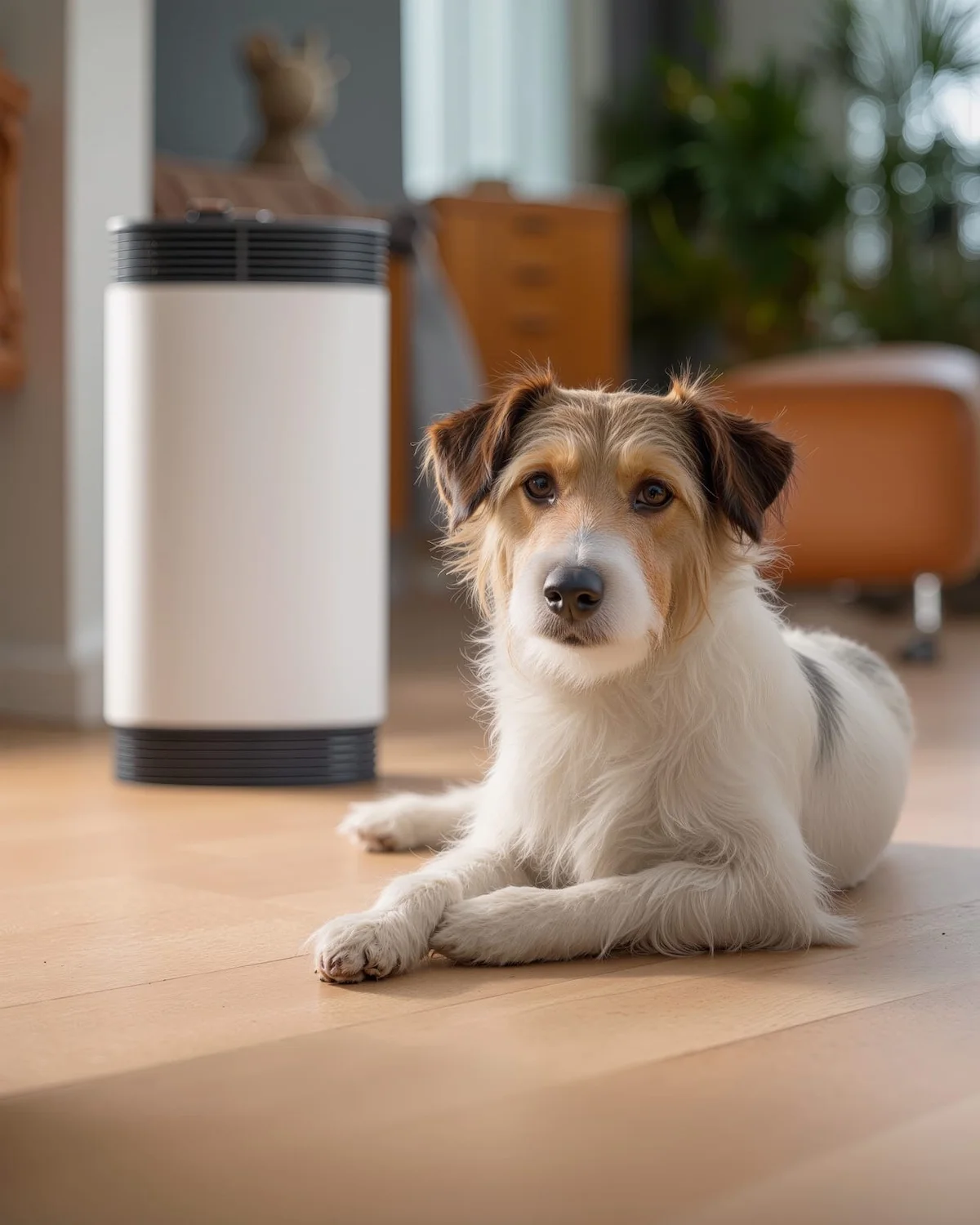 family pet relaxes beside modern home appliance in stylish living room