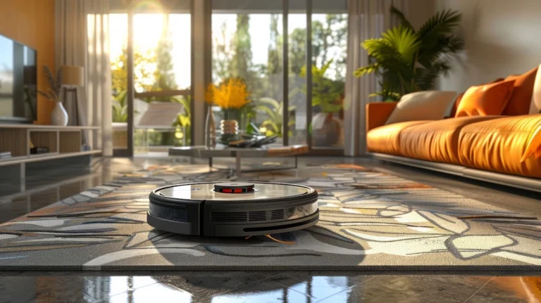 modern living room with best robot vacuum cleaner in morning light