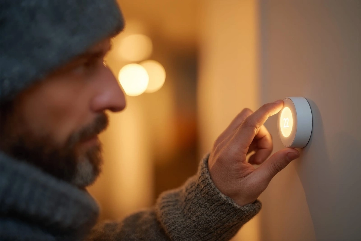 man adjusts smart home thermostat for optimal comfort in a cozy living space