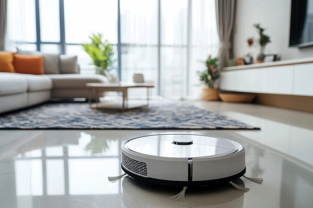 modern robotic vacuum cleaner on the floor in cozy modern living room
