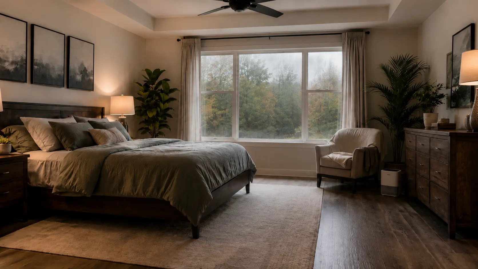 small dehumidifier on a humid bedroom