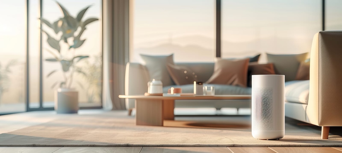 air purifier in a living room with a white couch and a white plant