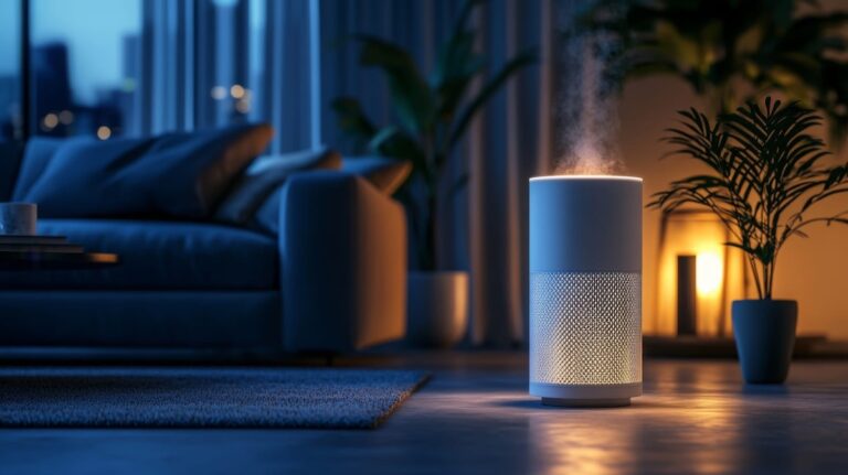 air purifier buying guide, modern air purifier emitting mist in a cozy living room at night