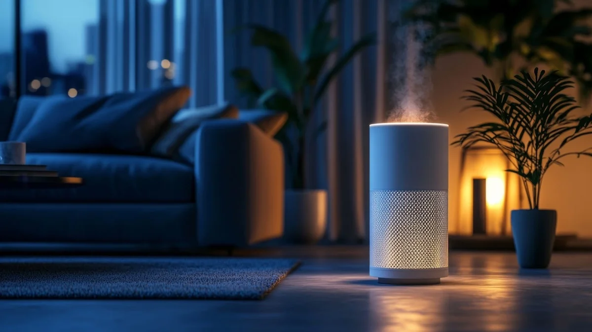 modern air purifier emitting mist in a cozy living room at night