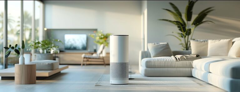 the best air purifier for large rooms in a living room with a white couch and a white plant