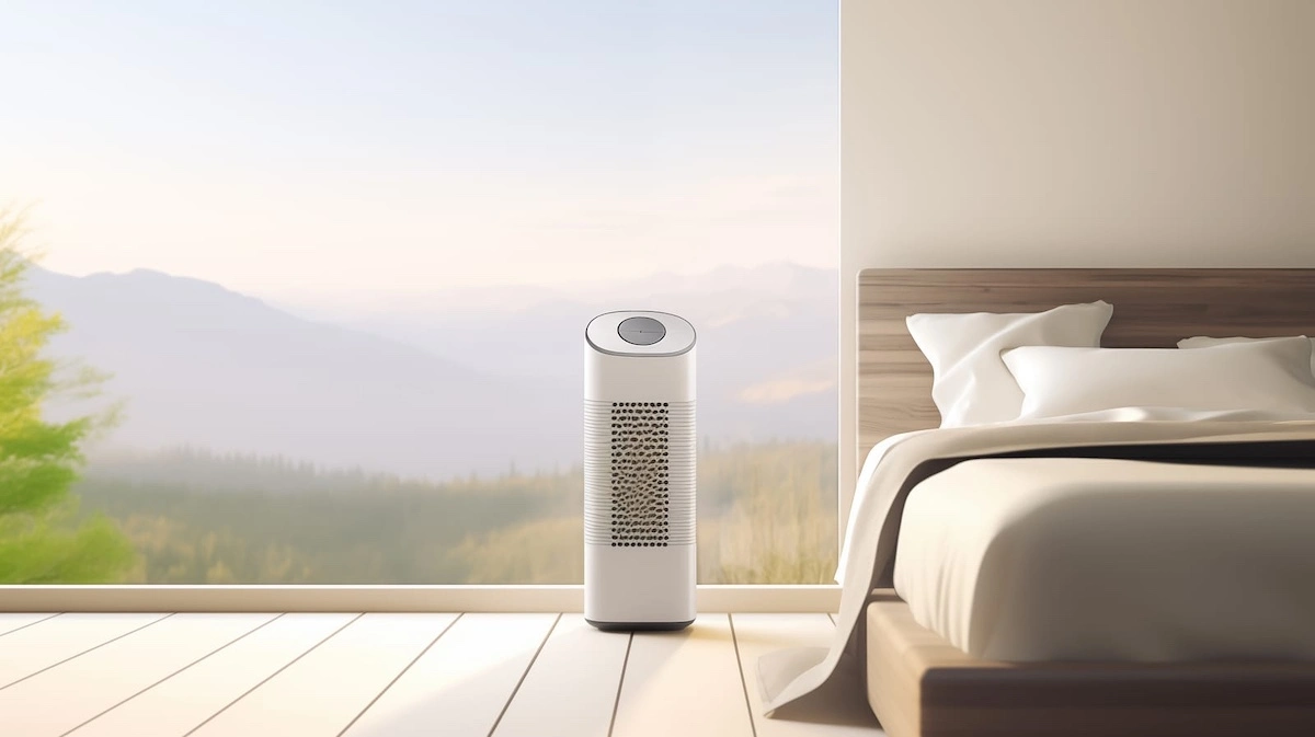 design air purifier on wooden floor of modern bedroom blue sky and mountains on background