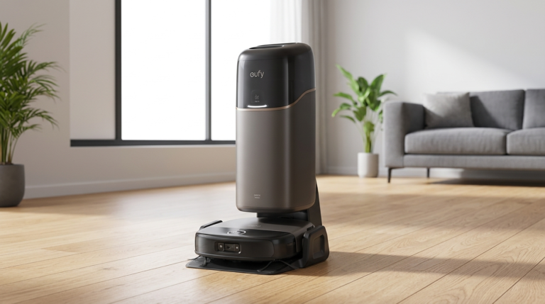 eufy Omni S2 in its dock on a light wood floor in a modern minimalist living room