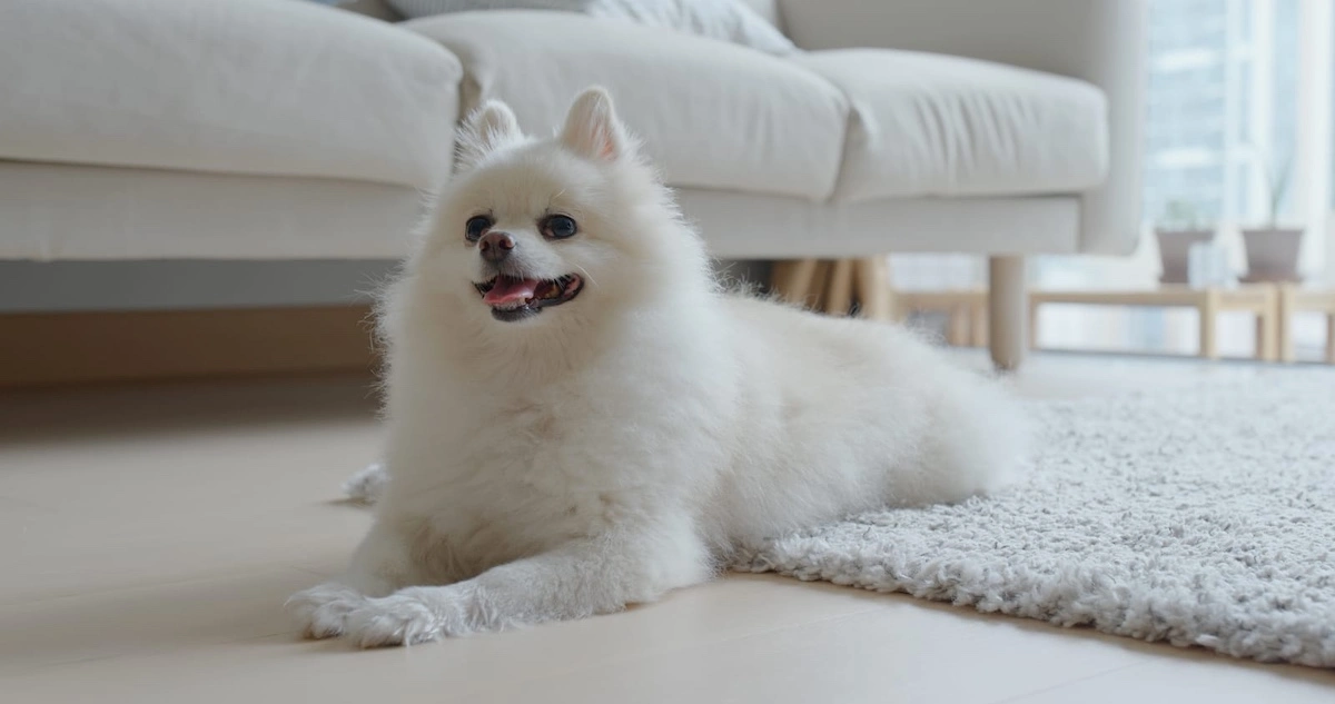 white pomeranian lying on the floor at home