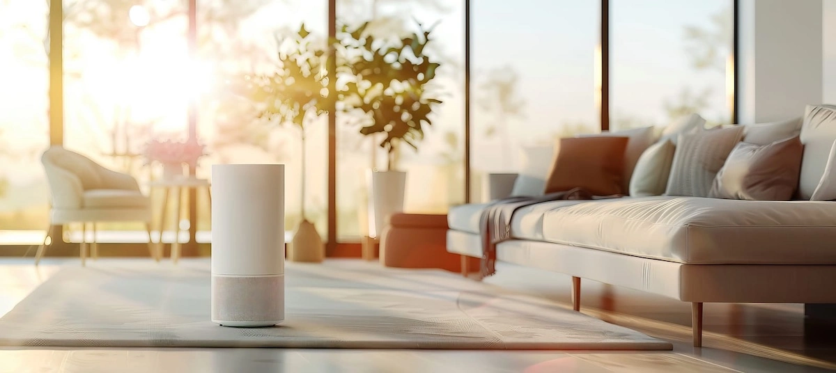 a white air purifier sits on a rug in a living room